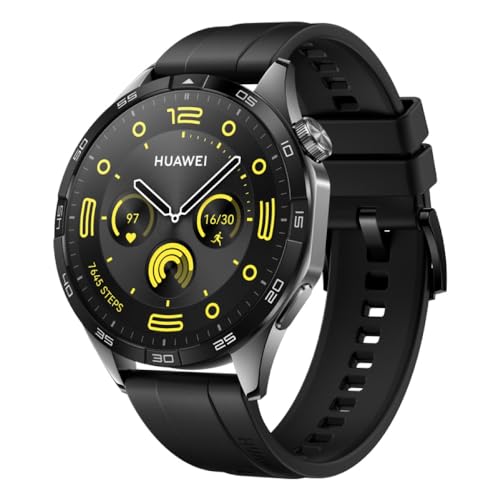 HUAWEI Watch GT 4 46mm, GPS, iOS&Android, Stainless Steel Case, Smartwatch, Bis zu 7 Tage Akkulaufzeit, Kalorienmanagement, Professionelles Gesundheitsmanagement, SpO2, Schwarzes Fluorelastomer Strap